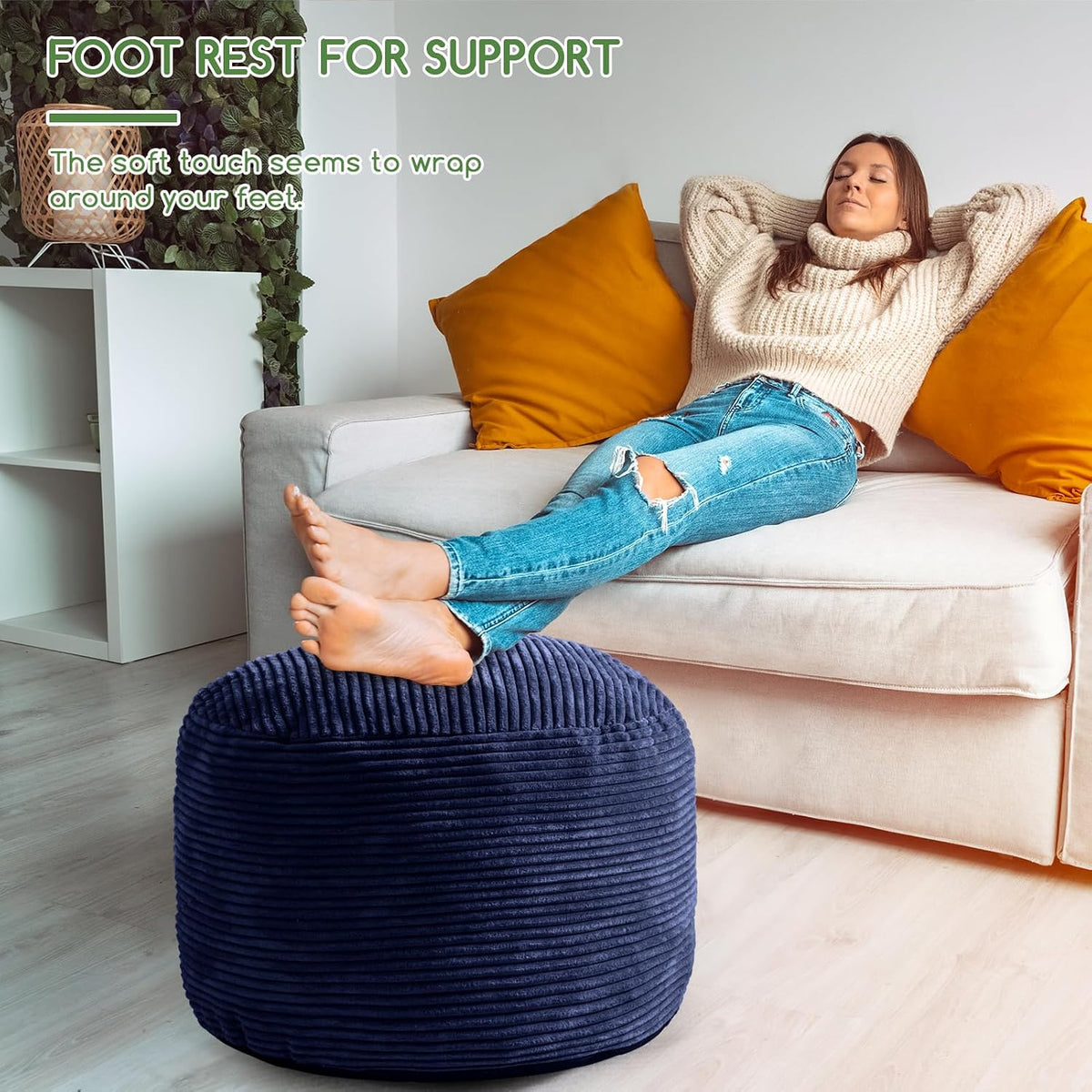 Round Stuffed Pouf Ottoman, Corduroy Poufs with Foam Chunk Filling, Furry and Fluffy Pouf Foot Stool Storage Ottoman, 20 X 15 Floor Poufs Foot Rest for Living Room, Dark Grey