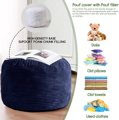 Round Stuffed Pouf Ottoman, Corduroy Poufs with Foam Chunk Filling, Furry and Fluffy Pouf Foot Stool Storage Ottoman, 20 X 15 Floor Poufs Foot Rest for Living Room, Dark Grey