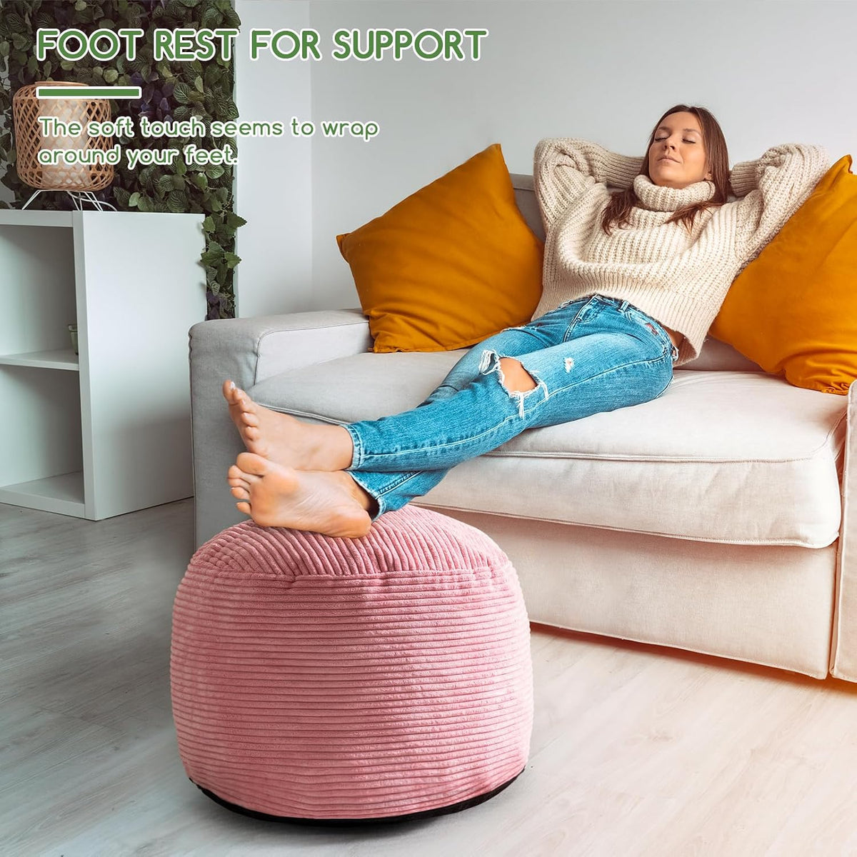 Round Stuffed Pouf Ottoman, Corduroy Poufs with Foam Chunk Filling, Furry and Fluffy Pouf Foot Stool Storage Ottoman, 20 X 15 Floor Poufs Foot Rest for Living Room, Dark Grey