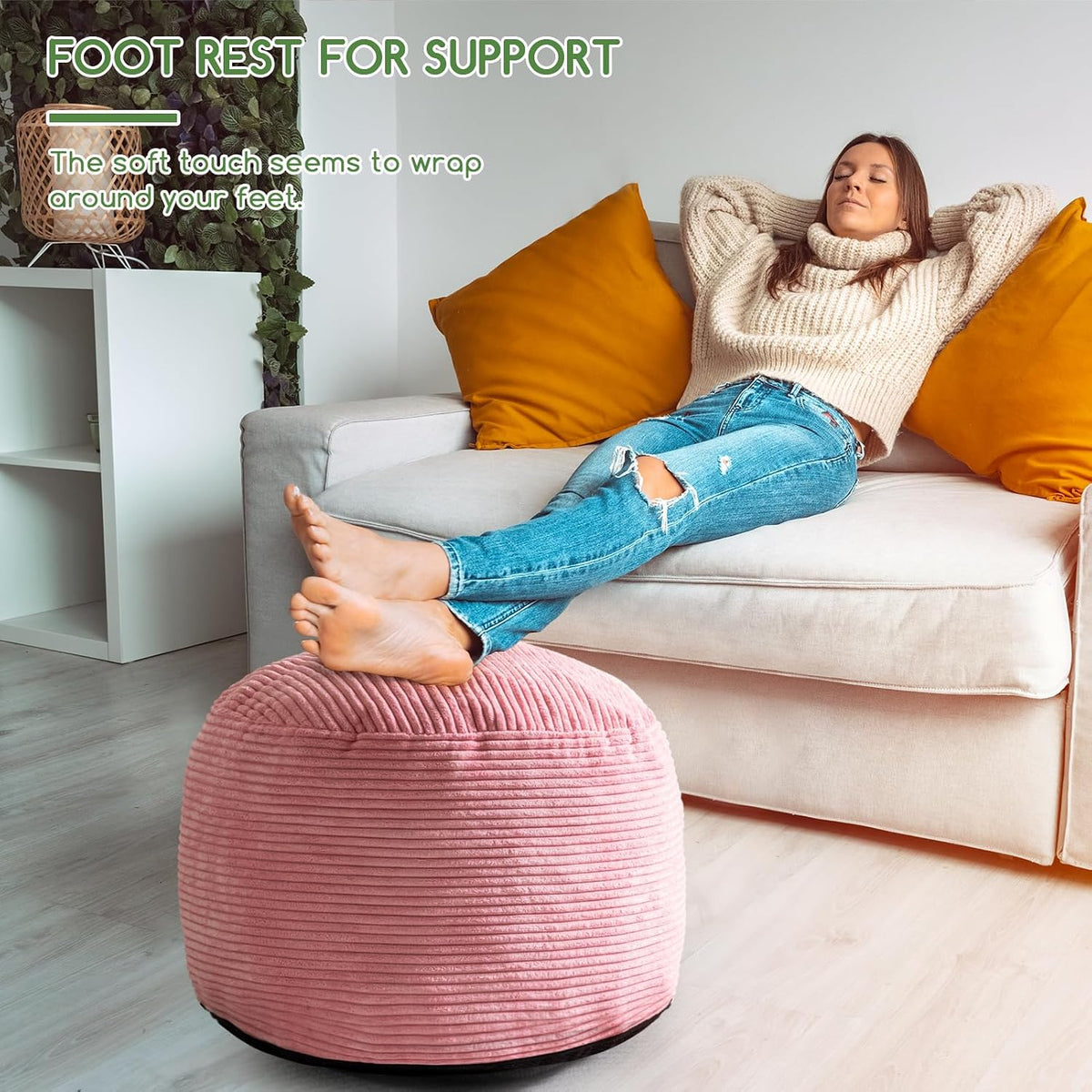 Round Stuffed Pouf Ottoman, Corduroy Poufs with Foam Chunk Filling, Furry and Fluffy Pouf Foot Stool Storage Ottoman, 20 X 15 Floor Poufs Foot Rest for Living Room, Dark Grey