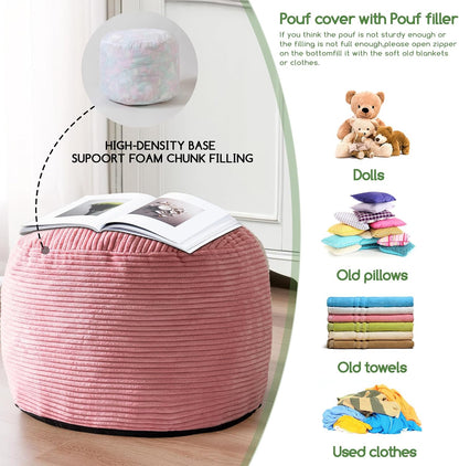 Round Stuffed Pouf Ottoman, Corduroy Poufs with Foam Chunk Filling, Furry and Fluffy Pouf Foot Stool Storage Ottoman, 20 X 15 Floor Poufs Foot Rest for Living Room, Dark Grey