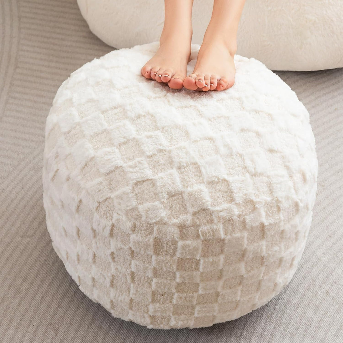 Round Stuffed Pouf Ottoman, Corduroy Poufs with Foam Chunk Filling, Furry and Fluffy Pouf Foot Stool Storage Ottoman, 20 X 15 Floor Poufs Foot Rest for Living Room, Dark Grey