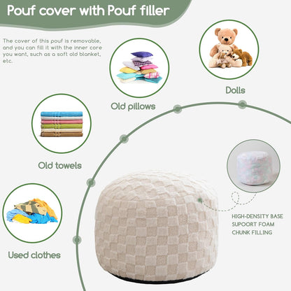 Round Stuffed Pouf Ottoman, Corduroy Poufs with Foam Chunk Filling, Furry and Fluffy Pouf Foot Stool Storage Ottoman, 20 X 15 Floor Poufs Foot Rest for Living Room, Dark Grey