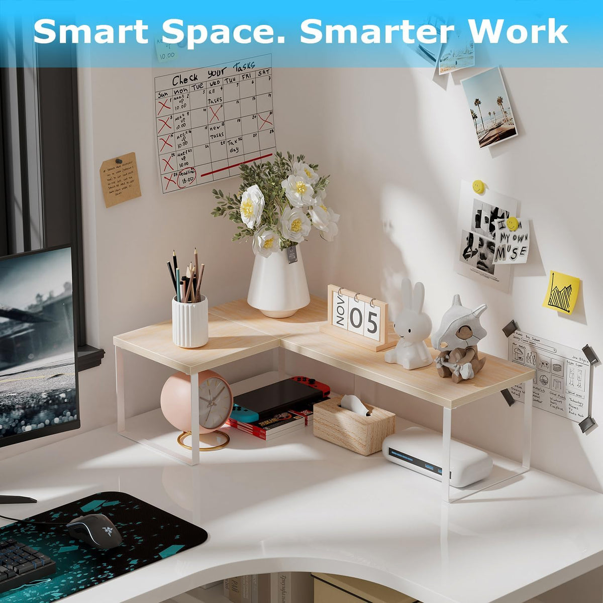 Aothia Desktop Shelf Organizer, 2-Tier Stackable Desk Shelves, Oak