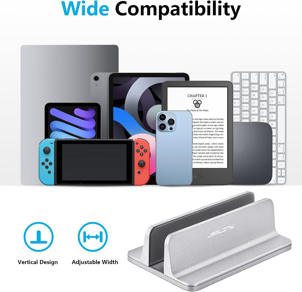 Vertical Laptop Stand, Adjustable Aluminum Desktop Holder, Silver