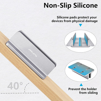 Vertical Laptop Stand, Adjustable Aluminum Desktop Holder, Silver