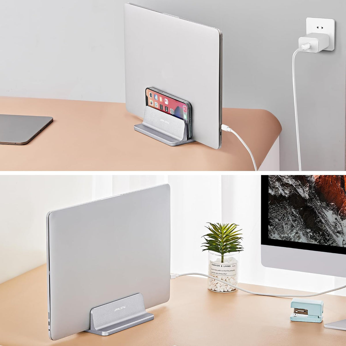 Vertical Laptop Stand, Adjustable Aluminum Desktop Holder, Silver