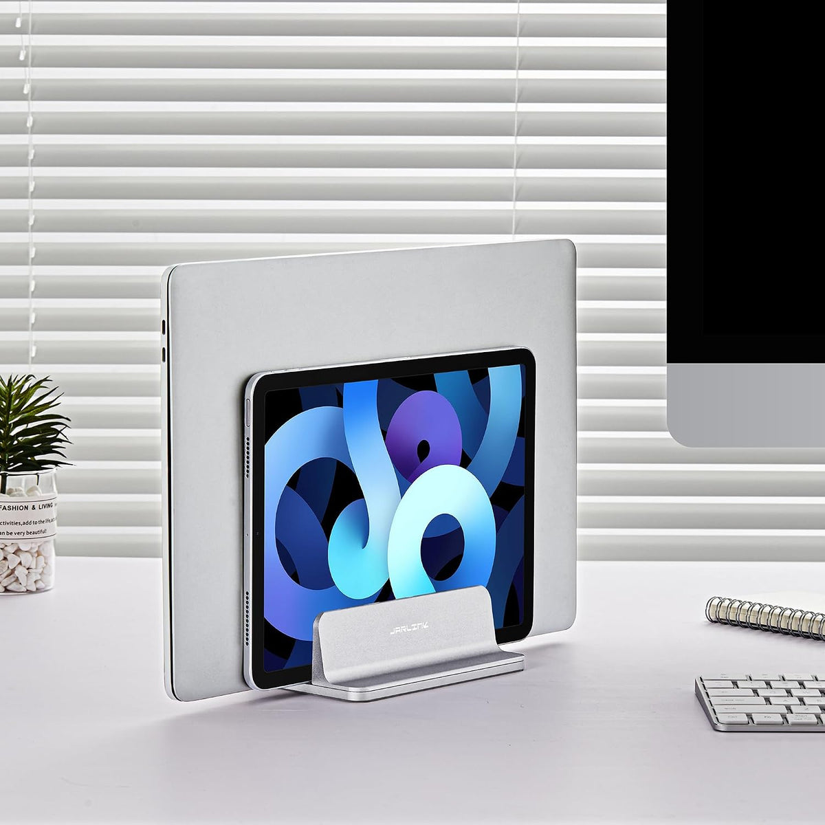 Vertical Laptop Stand, Adjustable Aluminum Desktop Holder, Silver