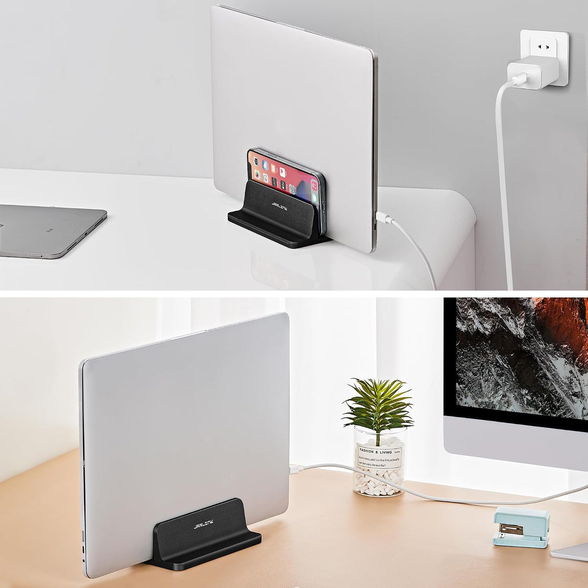 Vertical Laptop Stand, Adjustable Aluminum Desktop Holder, Silver