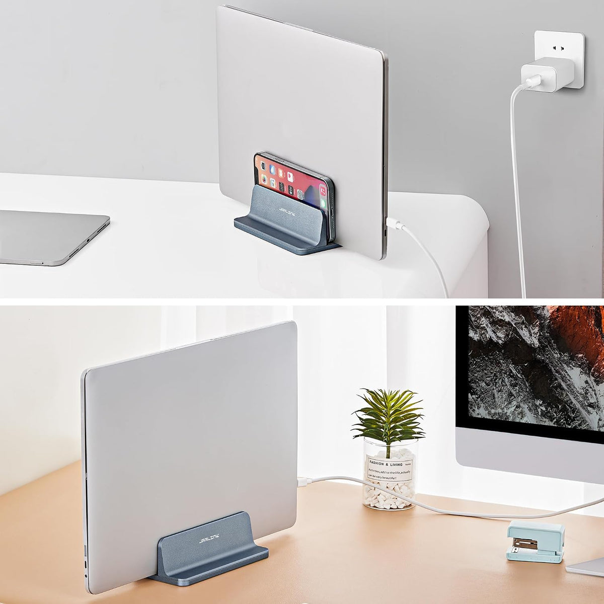 Vertical Laptop Stand, Adjustable Aluminum Desktop Holder, Silver