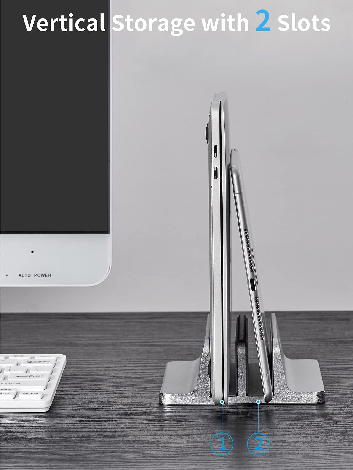 Vertical Laptop Stand, Adjustable Aluminum Desktop Holder, Silver