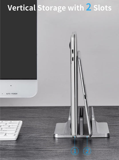 Vertical Laptop Stand, Adjustable Aluminum Desktop Holder, Silver