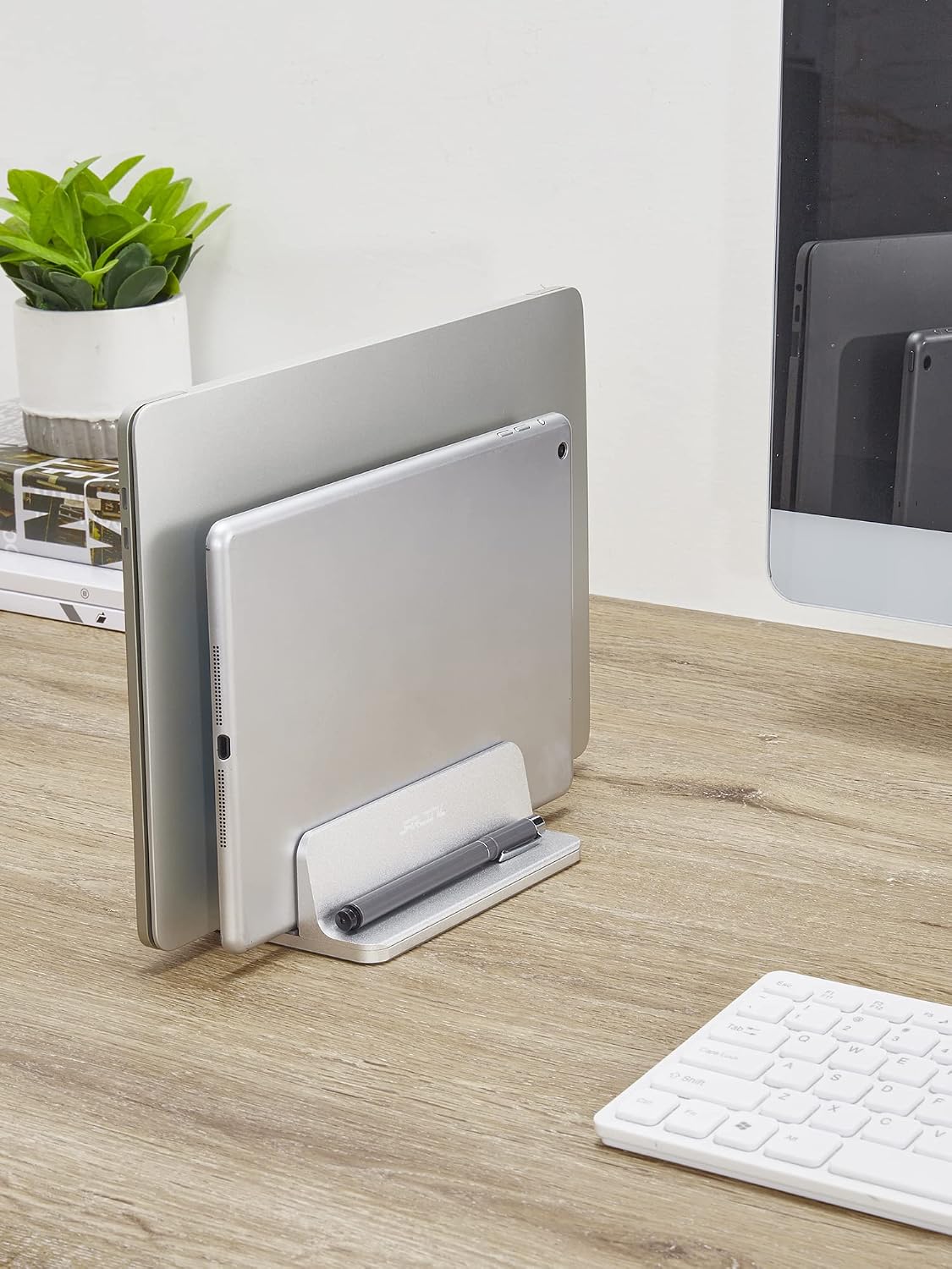 Vertical Laptop Stand, Adjustable Aluminum Desktop Holder, Silver