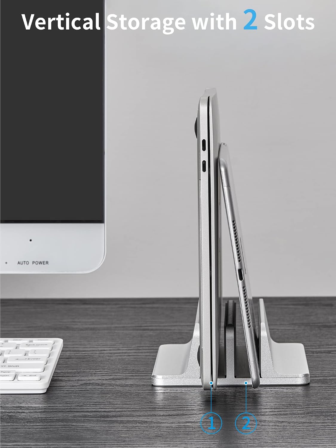 Vertical Laptop Stand, Adjustable Aluminum Desktop Holder, Silver
