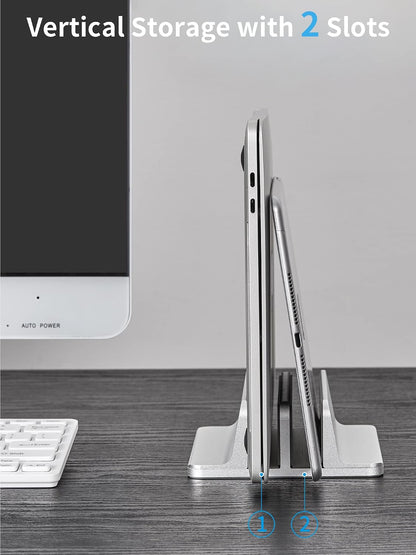 Vertical Laptop Stand, Adjustable Aluminum Desktop Holder, Silver