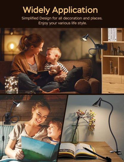Clip on Light USB Reading Light Desk Lamp 3 Color Modes Black