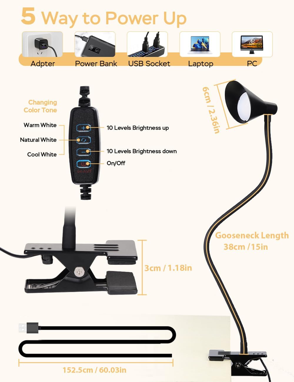 Clip on Light USB Reading Light Desk Lamp 3 Color Modes Black