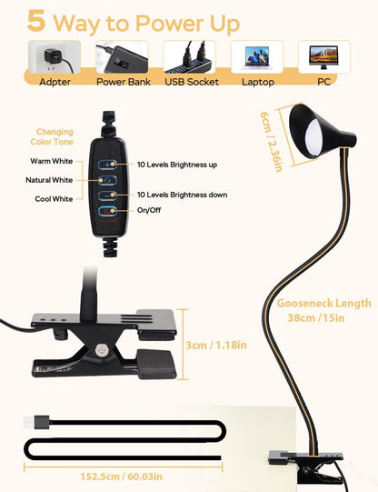 Clip on Light USB Reading Light Desk Lamp 3 Color Modes Black