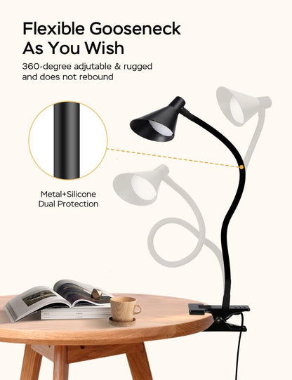 Clip on Light USB Reading Light Desk Lamp 3 Color Modes Black