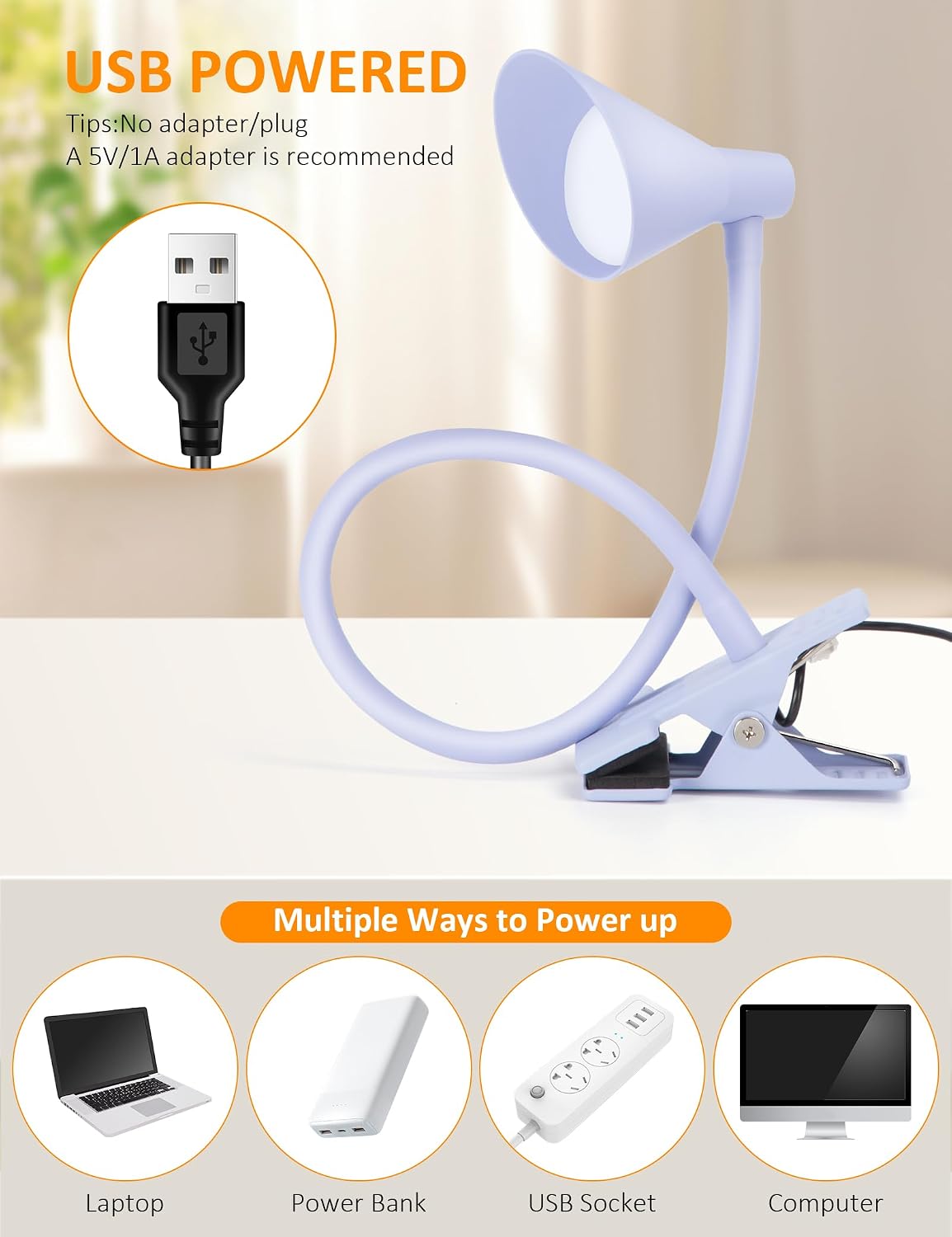 Clip on Light USB Reading Light Desk Lamp 3 Color Modes Black