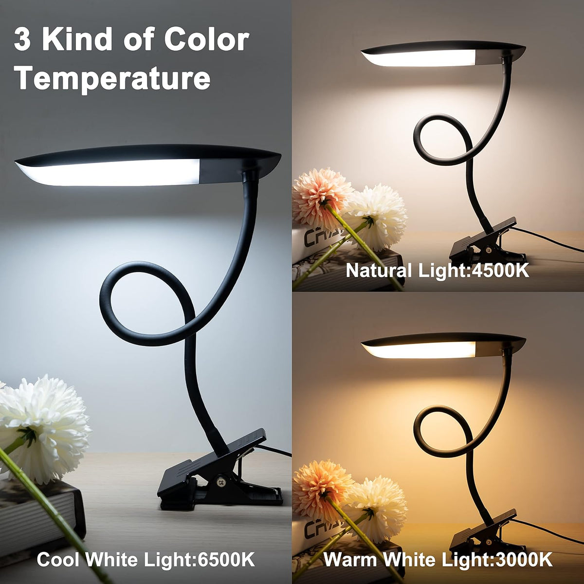 Clip on Light USB Reading Light Desk Lamp 3 Color Modes Black