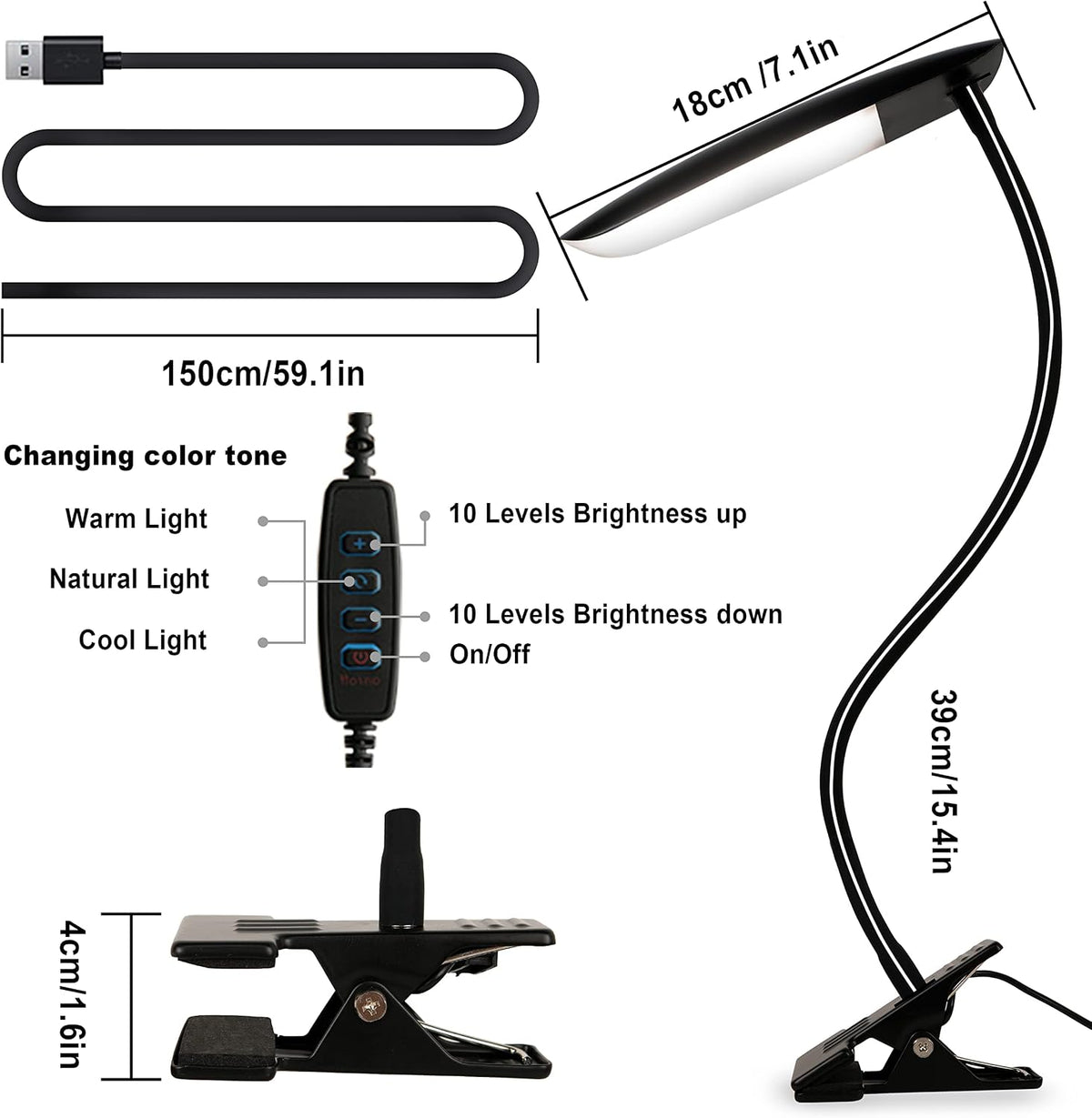 Clip on Light USB Reading Light Desk Lamp 3 Color Modes Black