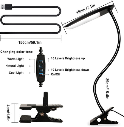 Clip on Light USB Reading Light Desk Lamp 3 Color Modes Black