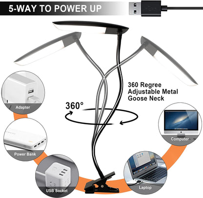 Clip on Light USB Reading Light Desk Lamp 3 Color Modes Black