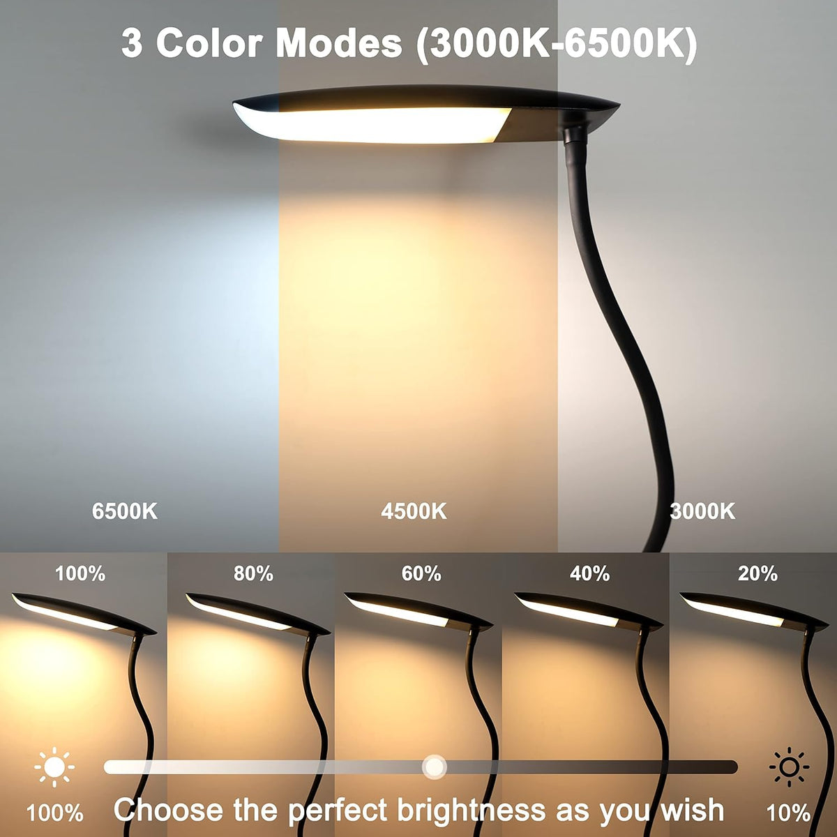 Clip on Light USB Reading Light Desk Lamp 3 Color Modes Black