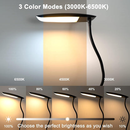 Clip on Light USB Reading Light Desk Lamp 3 Color Modes Black