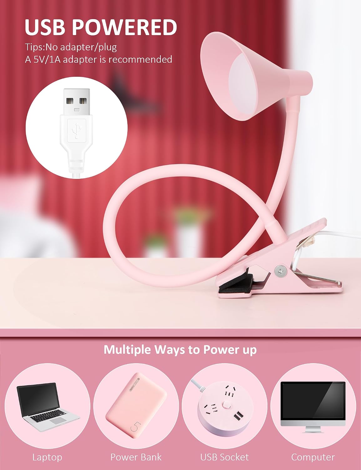 Clip on Light USB Reading Light Desk Lamp 3 Color Modes Black