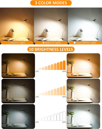 Clip on Light USB Reading Light Desk Lamp 3 Color Modes Black