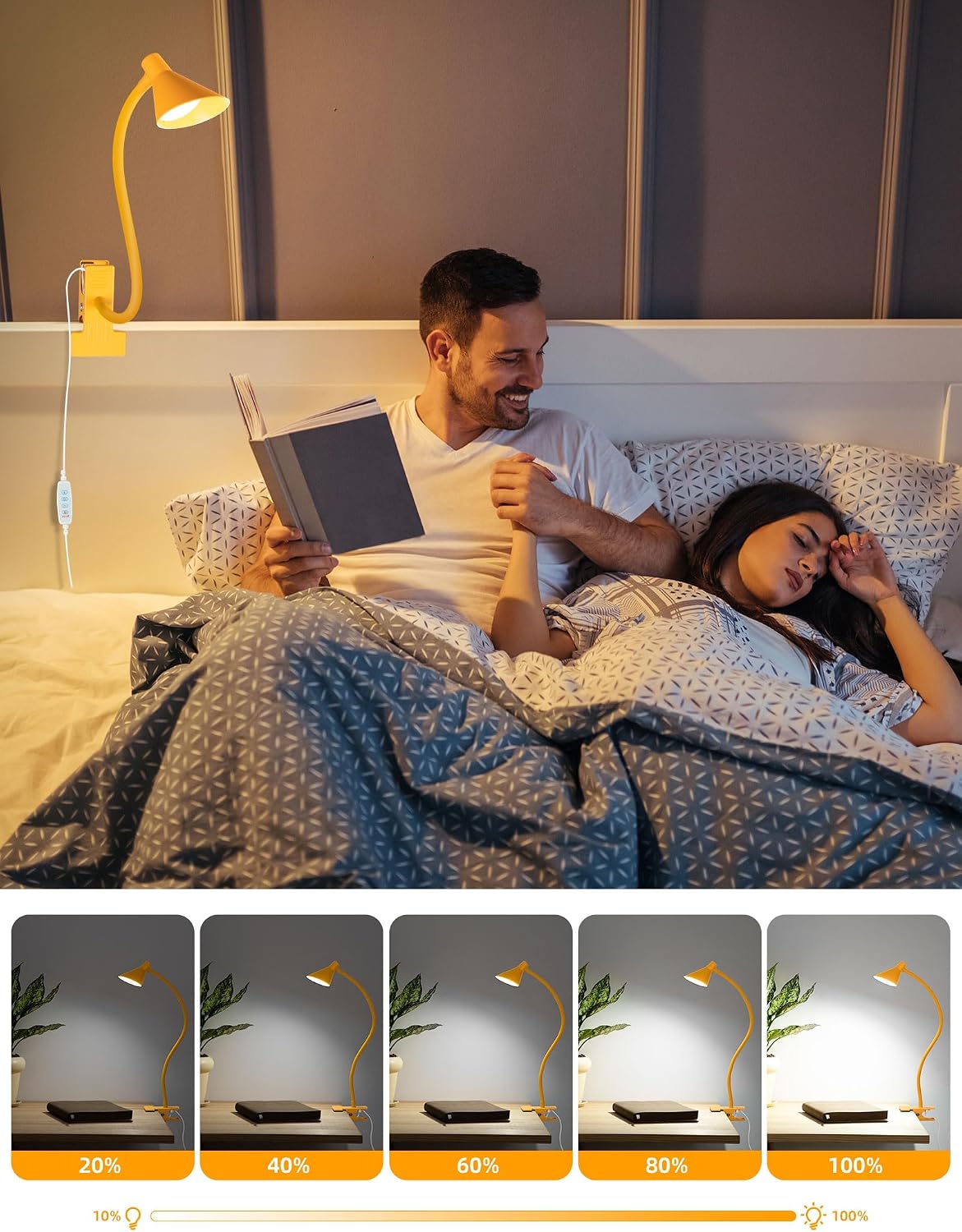 Clip on Light USB Reading Light Desk Lamp 3 Color Modes Black