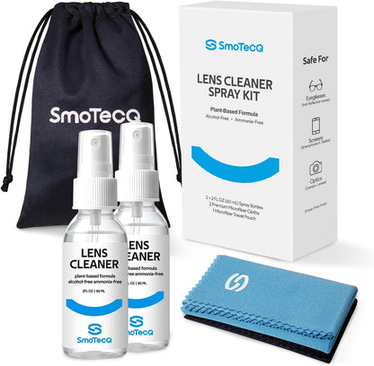Glasses Cleaner Kit – Alcohol-Free, Plant-Based Spray + Ultra-Soft Microfiber Cloths for Eyeglasses, Screens & Cameras – 2 x 2oz Spray Bottles + 2 Cloths + Travel Pouch Set