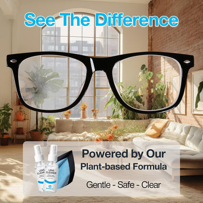 Glasses Cleaner Kit – Alcohol-Free, Plant-Based Spray + Ultra-Soft Microfiber Cloths for Eyeglasses, Screens & Cameras – 2 x 2oz Spray Bottles + 2 Cloths + Travel Pouch Set