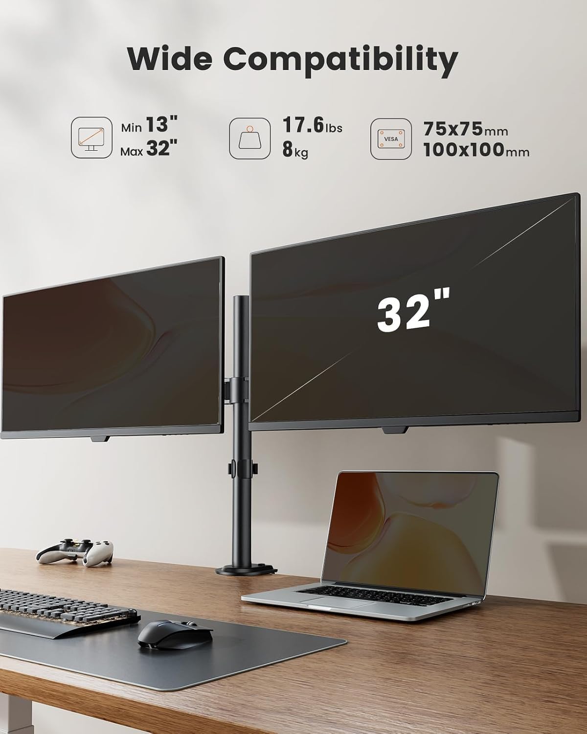 Dual Monitor Stand, Heavy Duty Adjustable Monitor Desk Mount for 2 Screens up to 32 Inches, Fully Adjustable Height, Tilt, Swivel, Rotate, Supports 17.6 lbs per Monitor Arm, Easy Installation