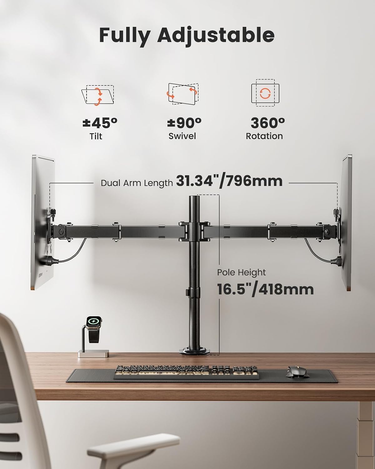 Dual Monitor Stand, Heavy Duty Adjustable Monitor Desk Mount for 2 Screens up to 32 Inches, Fully Adjustable Height, Tilt, Swivel, Rotate, Supports 17.6 lbs per Monitor Arm, Easy Installation