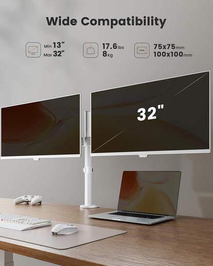 Dual Monitor Stand, Heavy Duty Adjustable Monitor Desk Mount for 2 Screens up to 32 Inches, Fully Adjustable Height, Tilt, Swivel, Rotate, Supports 17.6 lbs per Monitor Arm, Easy Installation