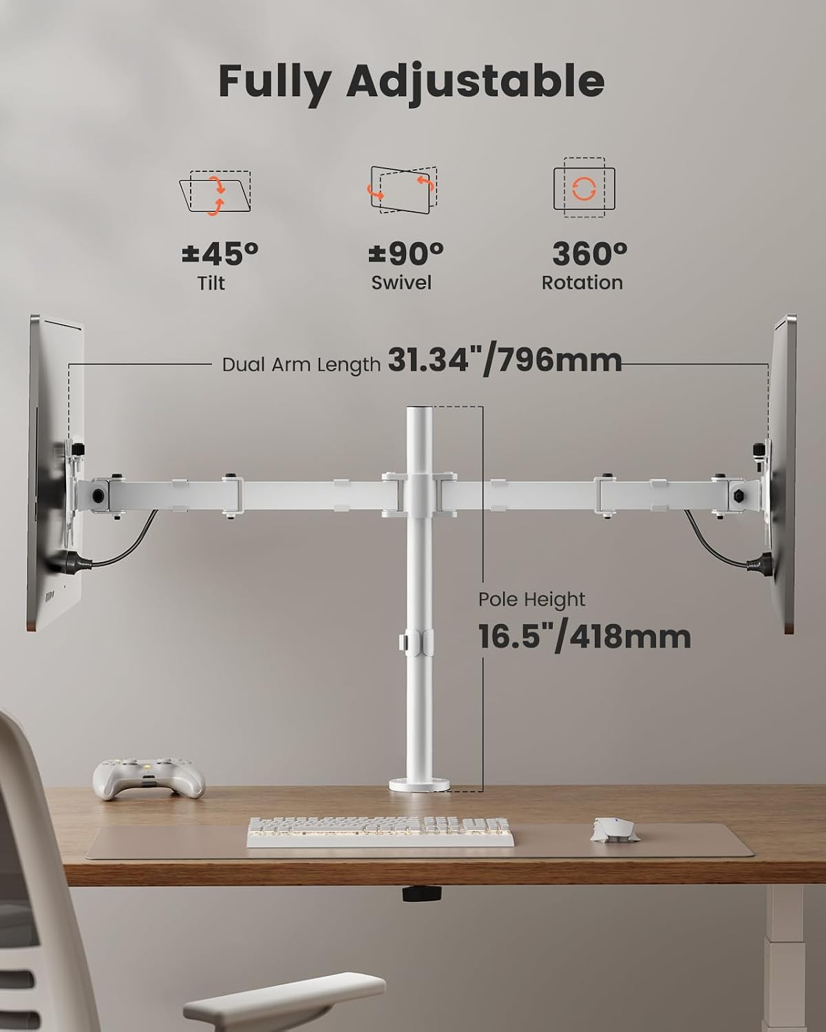 Dual Monitor Stand, Heavy Duty Adjustable Monitor Desk Mount for 2 Screens up to 32 Inches, Fully Adjustable Height, Tilt, Swivel, Rotate, Supports 17.6 lbs per Monitor Arm, Easy Installation