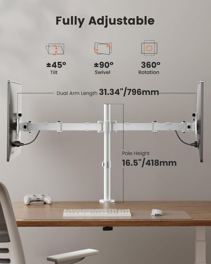 Dual Monitor Stand, Heavy Duty Adjustable Monitor Desk Mount for 2 Screens up to 32 Inches, Fully Adjustable Height, Tilt, Swivel, Rotate, Supports 17.6 lbs per Monitor Arm, Easy Installation