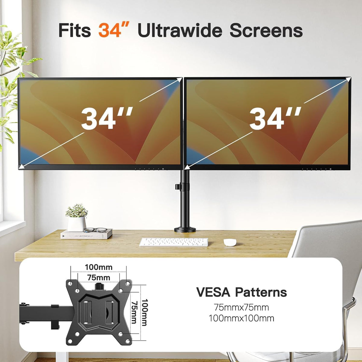 Dual Monitor Stand, Heavy Duty Adjustable Monitor Desk Mount for 2 Screens up to 32 Inches, Fully Adjustable Height, Tilt, Swivel, Rotate, Supports 17.6 lbs per Monitor Arm, Easy Installation