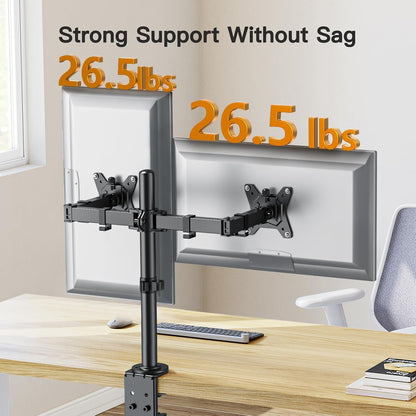 Dual Monitor Stand, Heavy Duty Adjustable Monitor Desk Mount for 2 Screens up to 32 Inches, Fully Adjustable Height, Tilt, Swivel, Rotate, Supports 17.6 lbs per Monitor Arm, Easy Installation