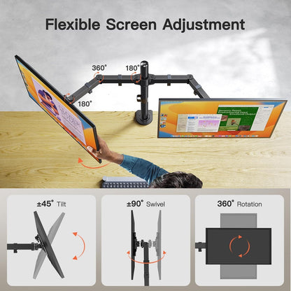 Dual Monitor Stand, Heavy Duty Adjustable Monitor Desk Mount for 2 Screens up to 32 Inches, Fully Adjustable Height, Tilt, Swivel, Rotate, Supports 17.6 lbs per Monitor Arm, Easy Installation