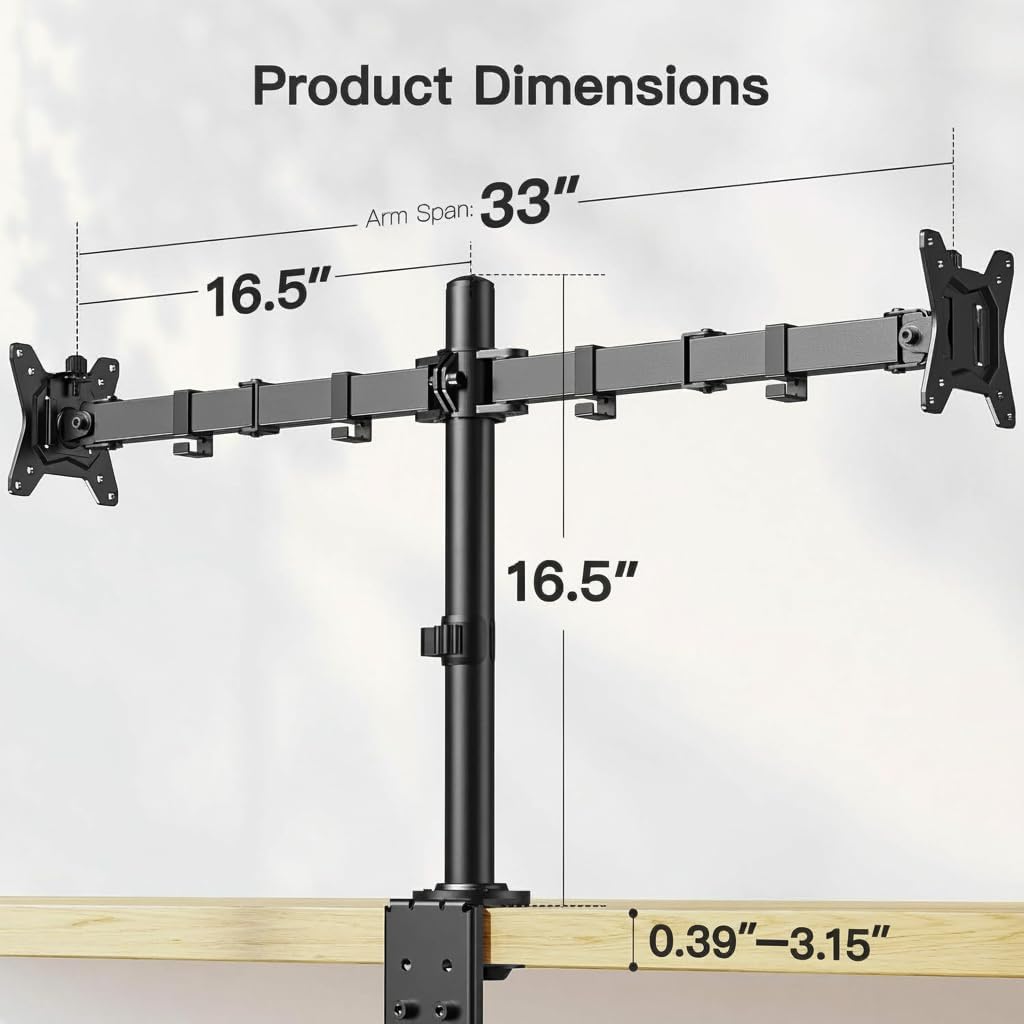 Dual Monitor Stand, Heavy Duty Adjustable Monitor Desk Mount for 2 Screens up to 32 Inches, Fully Adjustable Height, Tilt, Swivel, Rotate, Supports 17.6 lbs per Monitor Arm, Easy Installation
