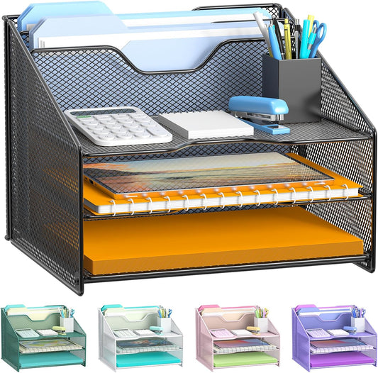 Desk File Organizer, Mesh Letter File Folder Holder with 3 Paper Trays and 2 Vertical Upright Section, for Office Supplies,Desk Accessories & Workspace,Black.