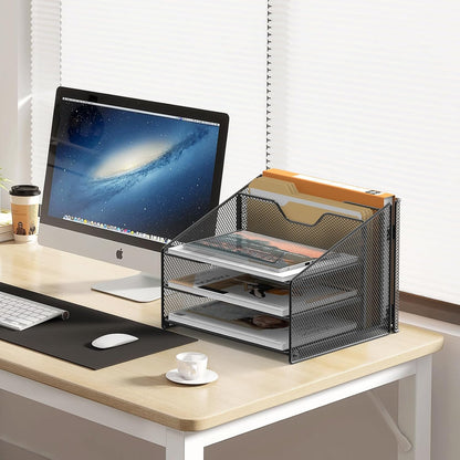 Desk File Organizer, Mesh Letter File Folder Holder with 3 Paper Trays and 2 Vertical Upright Section, for Office Supplies,Desk Accessories & Workspace,Black.