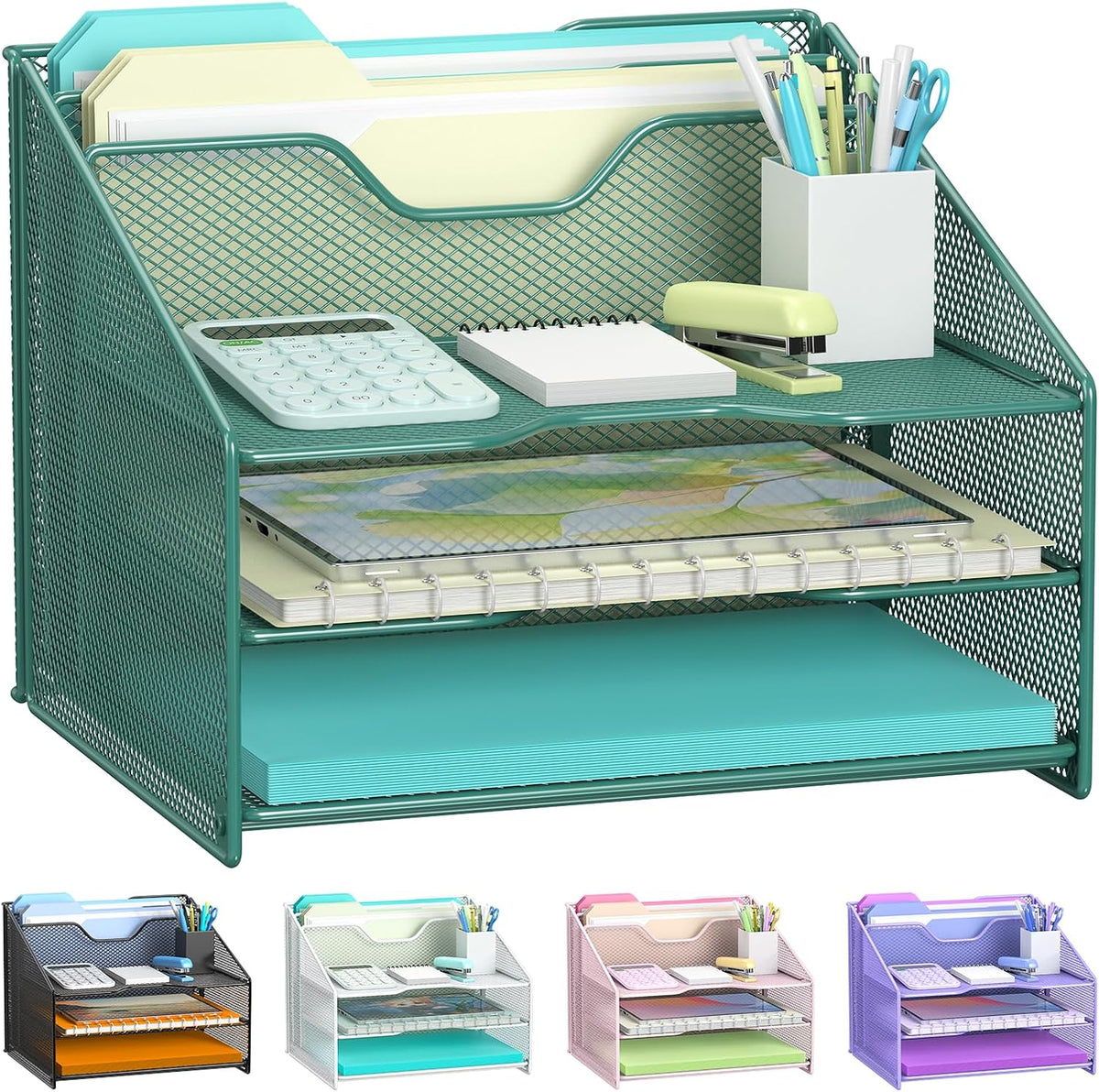 Desk File Organizer, Mesh Letter File Folder Holder with 3 Paper Trays and 2 Vertical Upright Section, for Office Supplies,Desk Accessories & Workspace,Black.