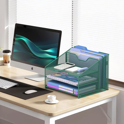 Desk File Organizer, Mesh Letter File Folder Holder with 3 Paper Trays and 2 Vertical Upright Section, for Office Supplies,Desk Accessories & Workspace,Black.