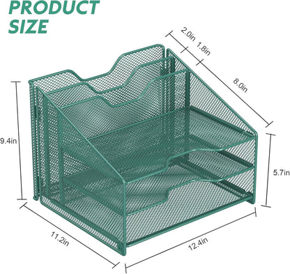Desk File Organizer, Mesh Letter File Folder Holder with 3 Paper Trays and 2 Vertical Upright Section, for Office Supplies,Desk Accessories & Workspace,Black.