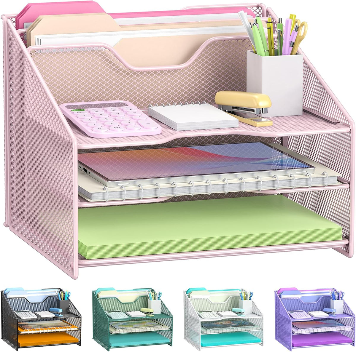 Desk File Organizer, Mesh Letter File Folder Holder with 3 Paper Trays and 2 Vertical Upright Section, for Office Supplies,Desk Accessories & Workspace,Black.